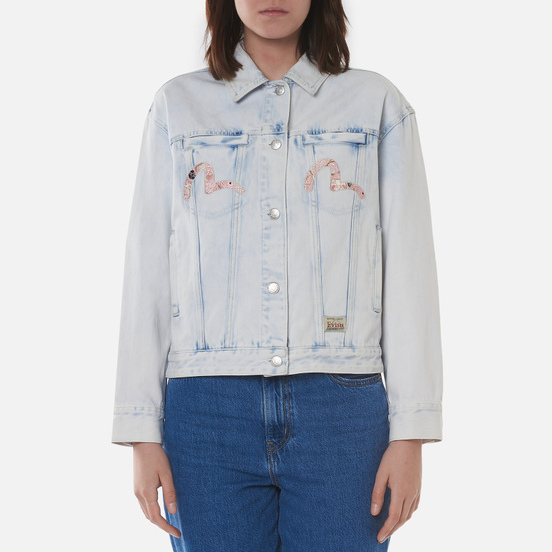 Женская джинсовая куртка Evisu Godhead x Bonsai Foil Embroidered Acid Washed Indigo Bleach