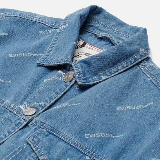 Женская джинсовая куртка Evisu Monogram Laser Print All Over & Evisu-Sake Embroidered Indigo Mid Tone