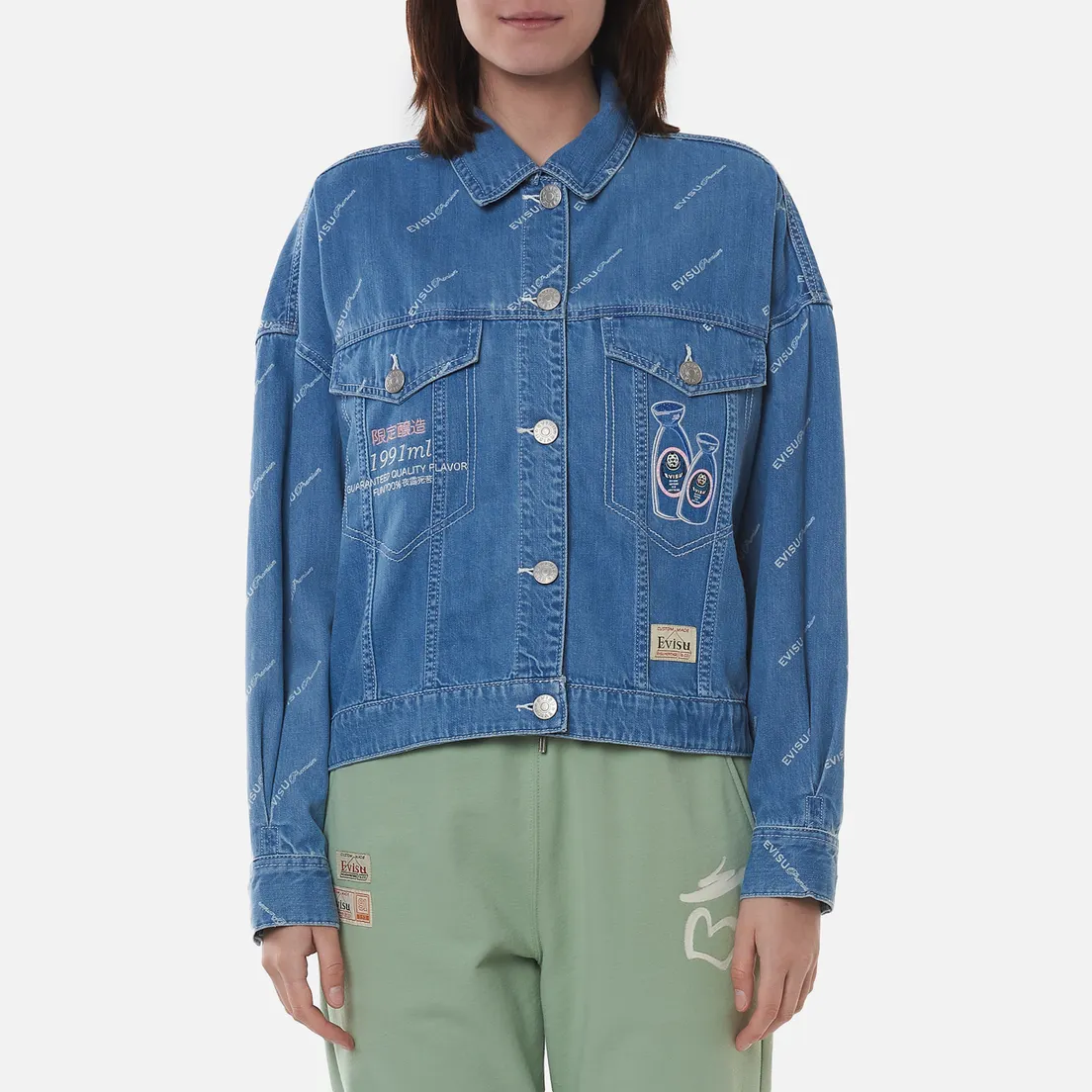Evisu Женская джинсовая куртка Monogram Laser Print All Over & Evisu-Sake Embroidered
