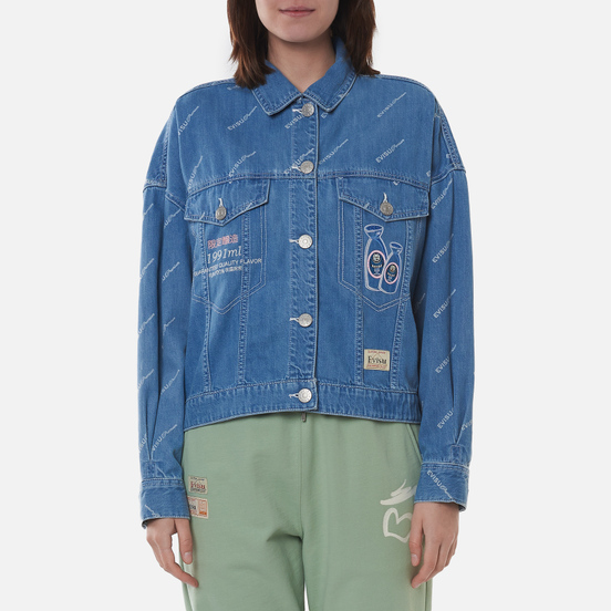 Женская джинсовая куртка Evisu Monogram Laser Print All Over & Evisu-Sake Embroidered Indigo Mid Tone
