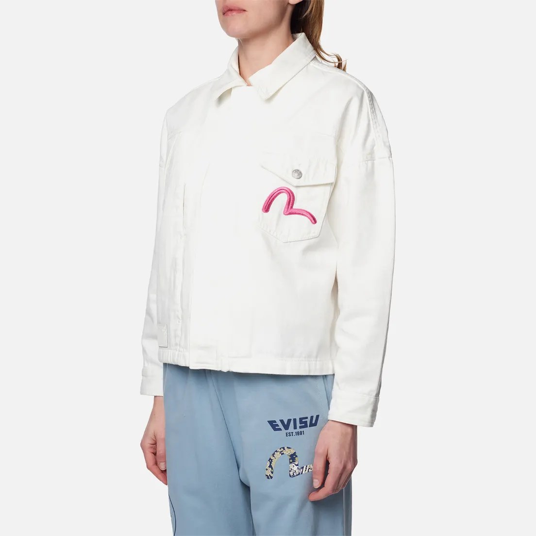 Evisu Женская джинсовая куртка Daruma Embroidered & Printed Stripes