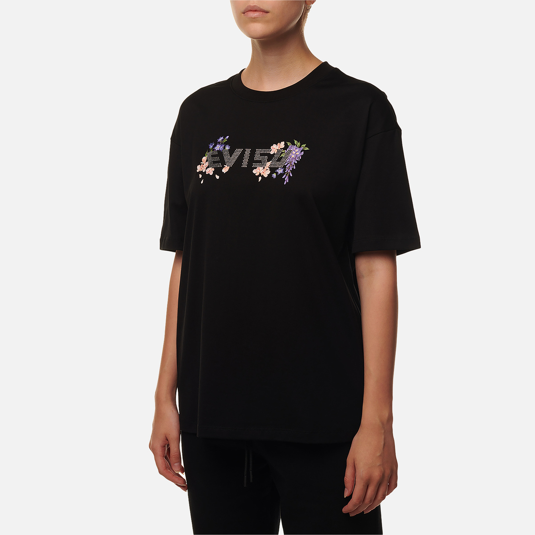 Evisu Женская футболка Printed Floral & Rhinestone Logo Oversized