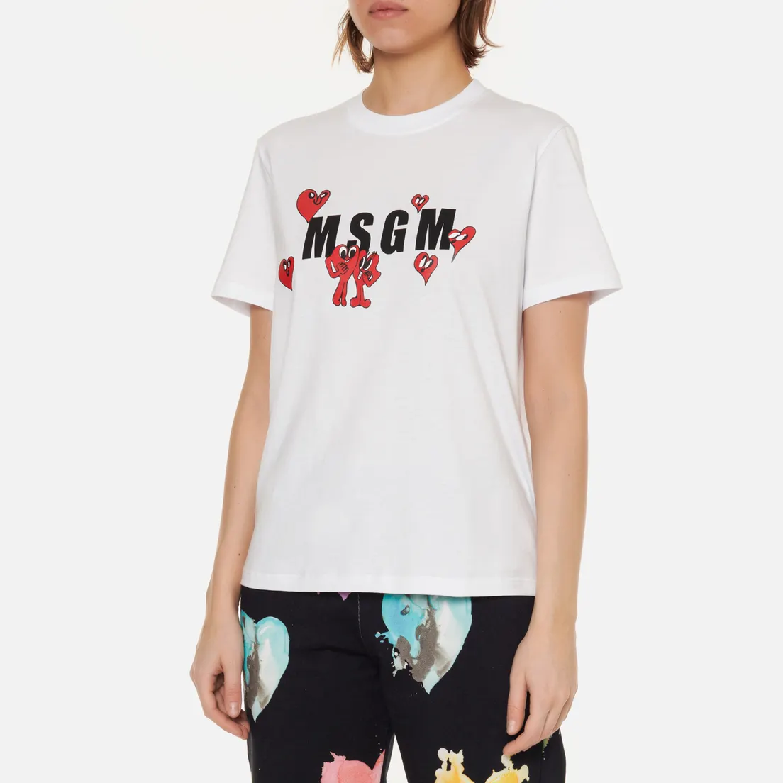 MSGM Женская футболка Cartoon Hearts Maxilogo Crew Neck