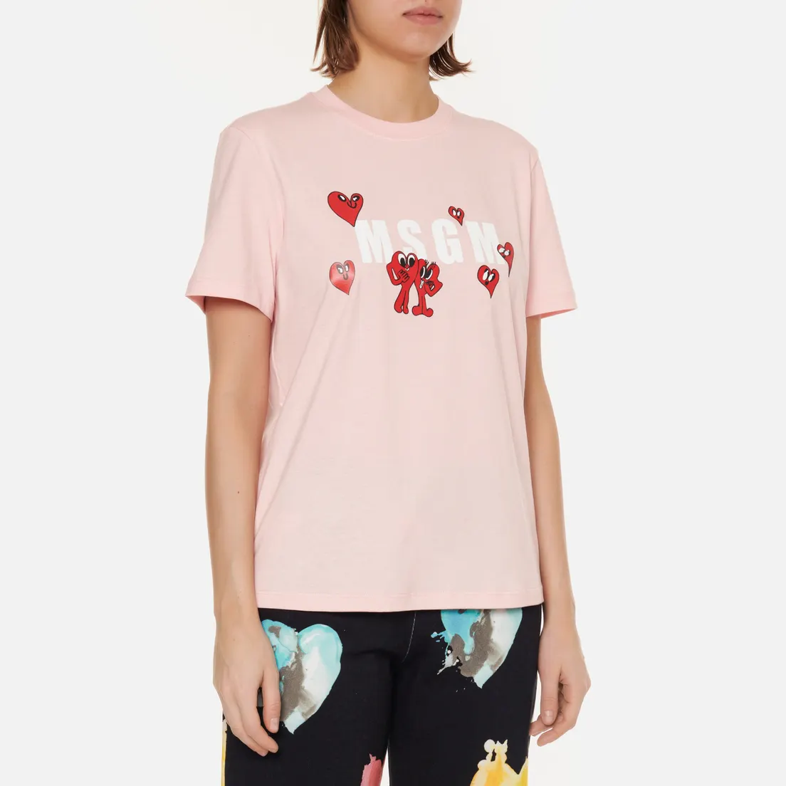MSGM Женская футболка Cartoon Hearts Maxilogo Crew Neck