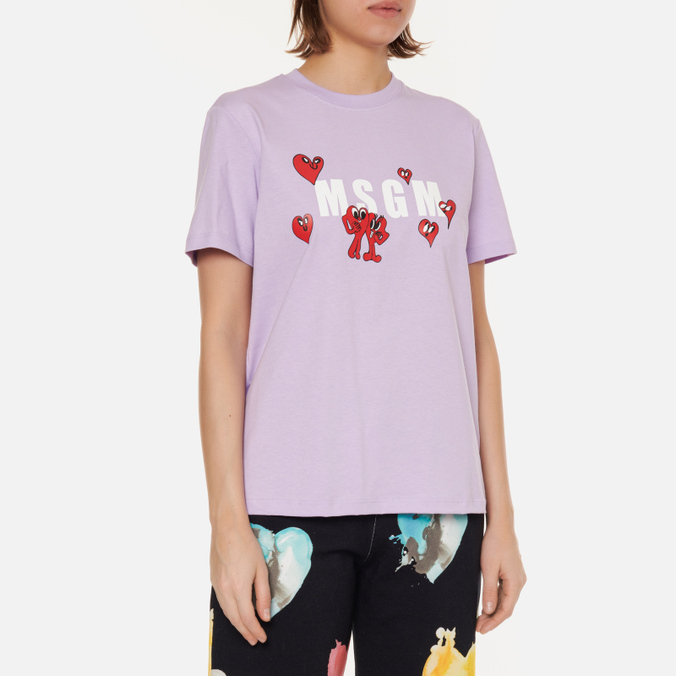 Женская футболка MSGM, цвет фиолетовый, размер S 3241MDM172 227298 70 Cartoon Hearts Maxilogo Crew Neck - фото 3