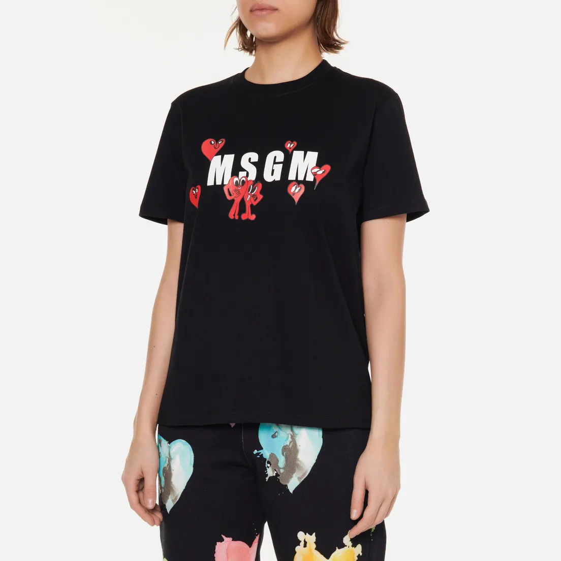 MSGM Женская футболка Cartoon Hearts Maxilogo Crew Neck