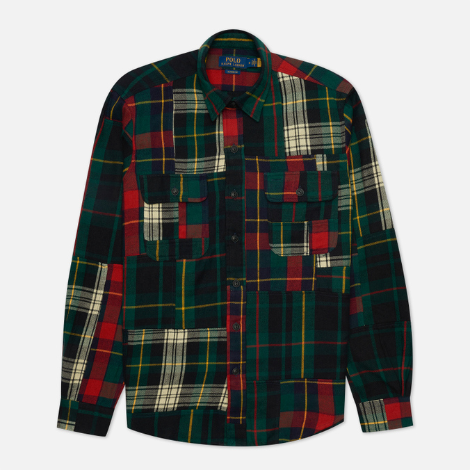 Мужская рубашка Polo Ralph Lauren, цвет зелёный, размер L 710-851336-001 Classic Fit Patchwork Flannel Workshirt - фото 1