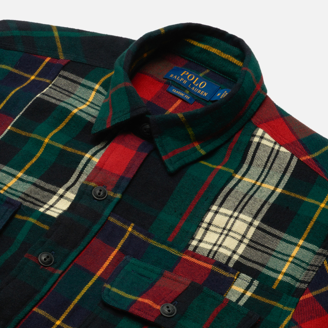 Мужская рубашка Polo Ralph Lauren, цвет зелёный, размер L 710-851336-001 Classic Fit Patchwork Flannel Workshirt - фото 2