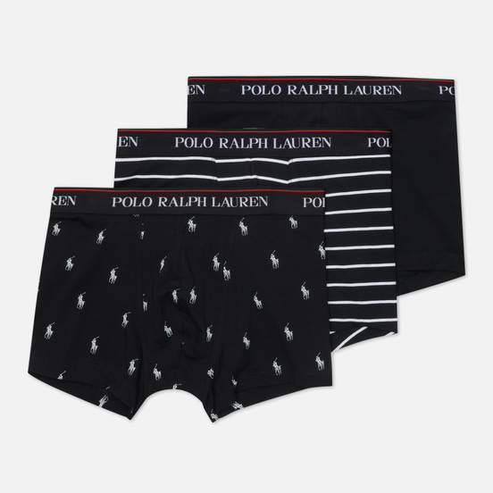 Комплект мужских трусов Polo Ralph Lauren Classic Trunk 3-Pack Black/Black/White Stripe/Black/White All Over Print Pony