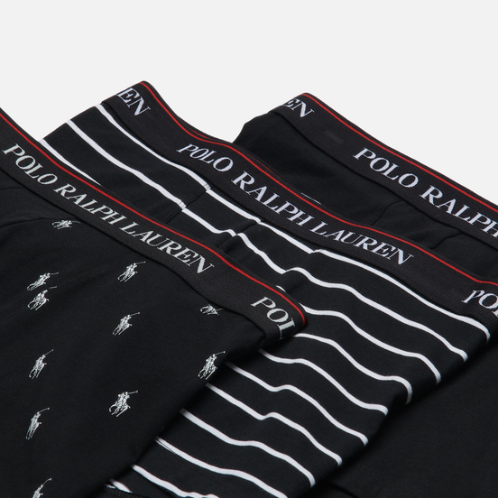 Комплект мужских трусов Polo Ralph Lauren Classic Trunk 3-Pack Black/Black/White Stripe/Black/White All Over Print Pony