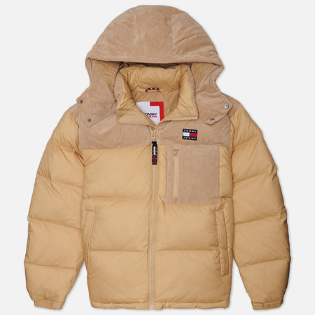 фото Мужской пуховик tommy jeans cord mix alaska puffer, цвет бежевый, размер s