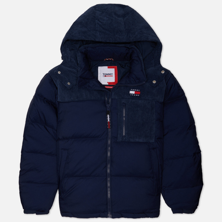 фото Мужской пуховик tommy jeans cord mix alaska puffer, цвет синий, размер s