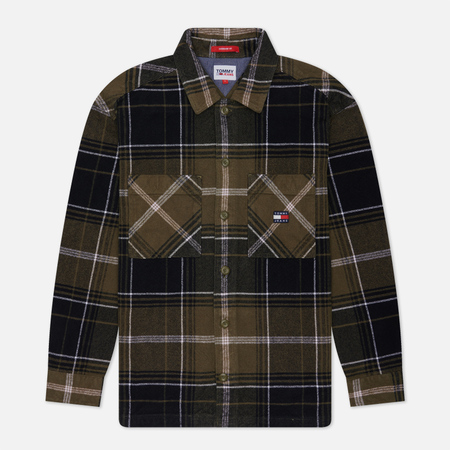 фото Мужская рубашка tommy jeans brushed check overshirt, цвет оливковый, размер l