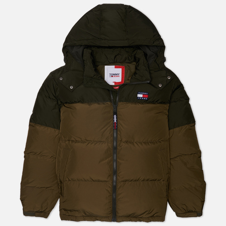 фото Мужской пуховик tommy jeans alaska colorblock puffer, цвет оливковый, размер s