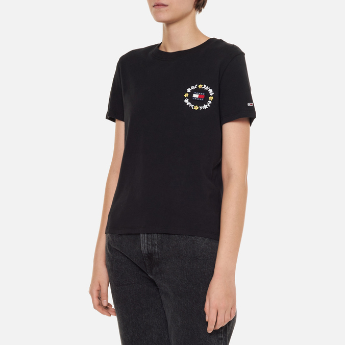 Женская футболка Tommy Jeans, цвет чёрный, размер XS DW0DW11283BDS Floral Embroidery Badge - фото 3