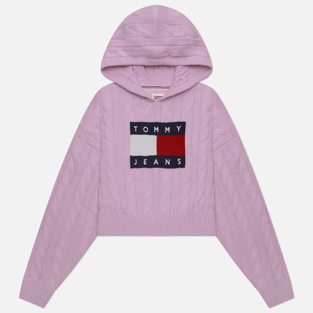 фото Женский свитер tommy jeans center flag cable hoodie, цвет розовый, размер xs