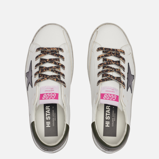 Женские кроссовки Golden Goose Hi Star Leather/Laminated Star Sparkle Foxing White/Black/Dark Green