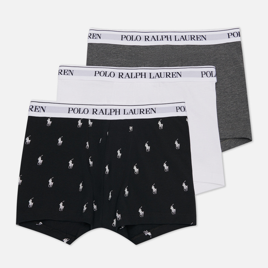 Комплект мужских трусов Polo Ralph Lauren Classic Trunk 3-Pack Black All Over Pony Print/Charcoal Heather/White