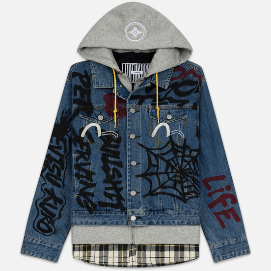 Мужская джинсовая куртка Evisu EK Graffiti Faux 3 In 1 Padded Denim Indigo Med Tone
