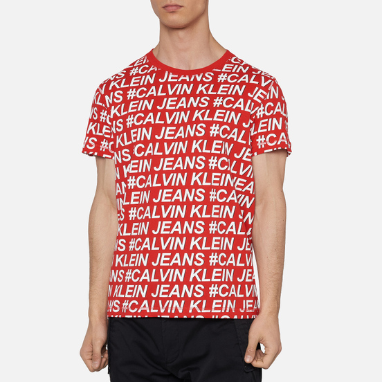 Мужская футболка Calvin Klein Jeans Logo All Over Print Red Exploded Hashtag