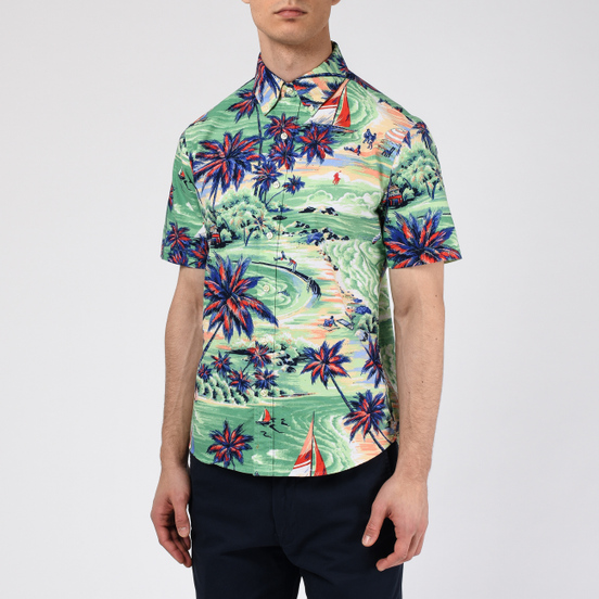 Мужская рубашка Polo Ralph Lauren Custom Fit SS Polo Pony Color Printed Oxford Hawaiian Beach Bazaar