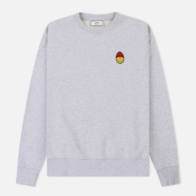 Мужская толстовка AMI Patch Smiley Crew Neck Heather Grey
