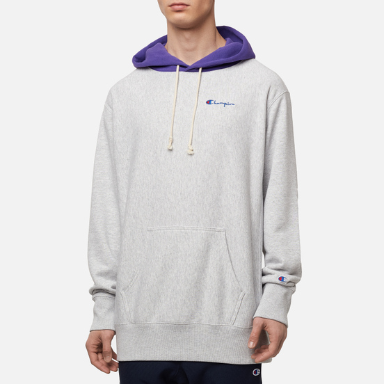 Мужская толстовка Champion Reverse Weave Contrast Hoodie Logo Script Light Grey