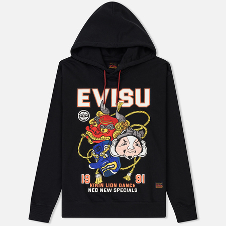 Мужская толстовка Evisu Heritage Kirin Lion Dance Mask Embroidered Logo Printed Hoodie Black