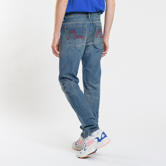 Мужские джинсы Evisu 2017 3D Chainstitch Embroidered Seagull Red Indigo Mid Tone