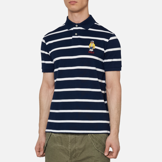 Мужское поло Polo Ralph Lauren Embroidered Bear Stripe Basic Mesh Cruise Navy/White