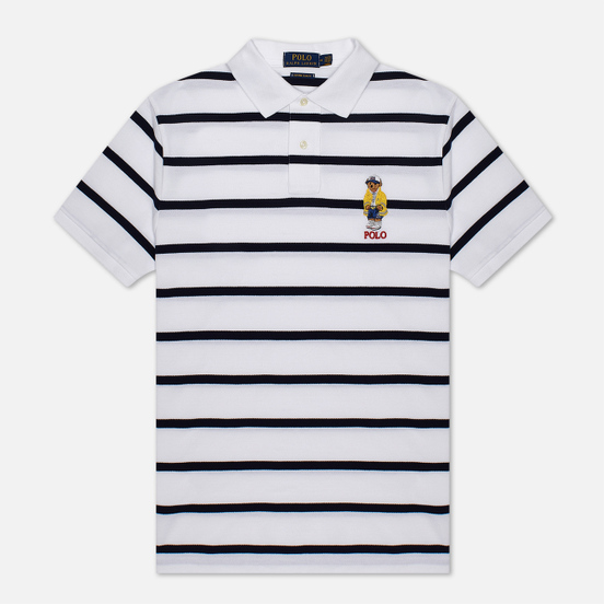 Мужское поло Polo Ralph Lauren Embroidered Bear Stripe Basic Mesh White/Cruise Navy