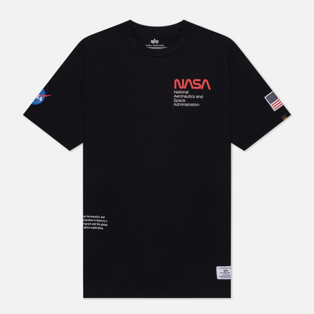 фото Мужская футболка alpha industries nasa worm logo gen ii, цвет чёрный, размер s