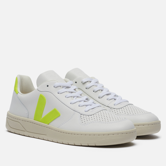Мужские кроссовки VEJA V-10 Leather Extra White/Jaune Fluo