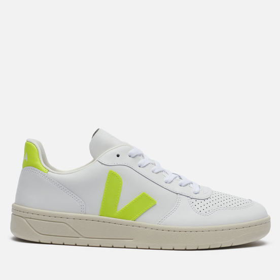 Мужские кроссовки VEJA V-10 Leather Extra White/Jaune Fluo