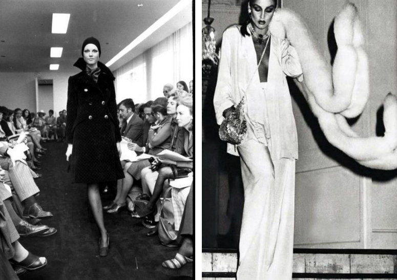 Показ осень-зима 1973 и модель Джерри Холл в образе от Calvin Klein